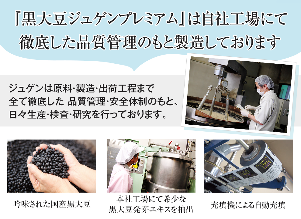 黒大豆ジュゲンプレミアムは自社工場にて徹底した品質管理のもと製造しております